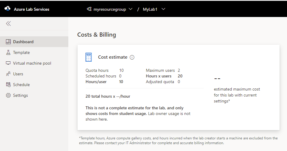 Azure Lab Services のコストの見積もりのダッシュボードを示すスクリーンショット。