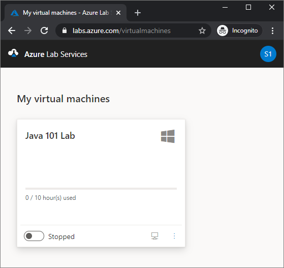 Azure Lab Services ポータルの [自分の仮想マシン] ページのスクリーンショット。