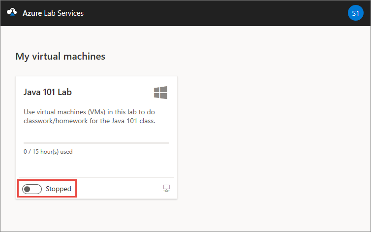 停止状態が強調されている、Azure Lab Services の Web サイトの [自分の仮想マシン] ページのスクリーンショット。