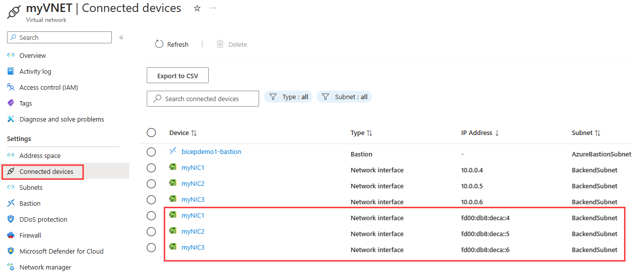 ネットワーク インターフェイスに IPv4 アドレスと IPv6 アドレスが表示されている接続デバイス設定のスクリーンショット。