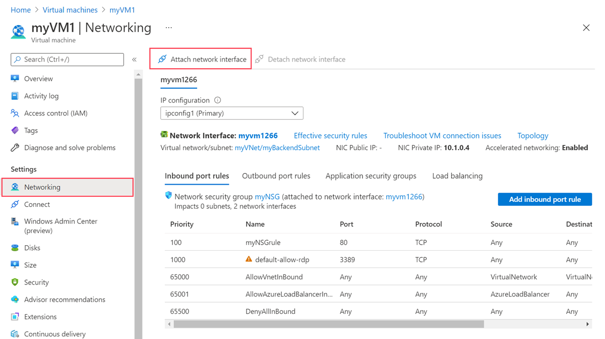 myVM1 のネットワーク インターフェイスの接続のスクリーンショット。