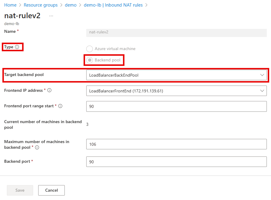 Azure portal での NAT 規則バージョン 2 の構成のスクリーンショット。