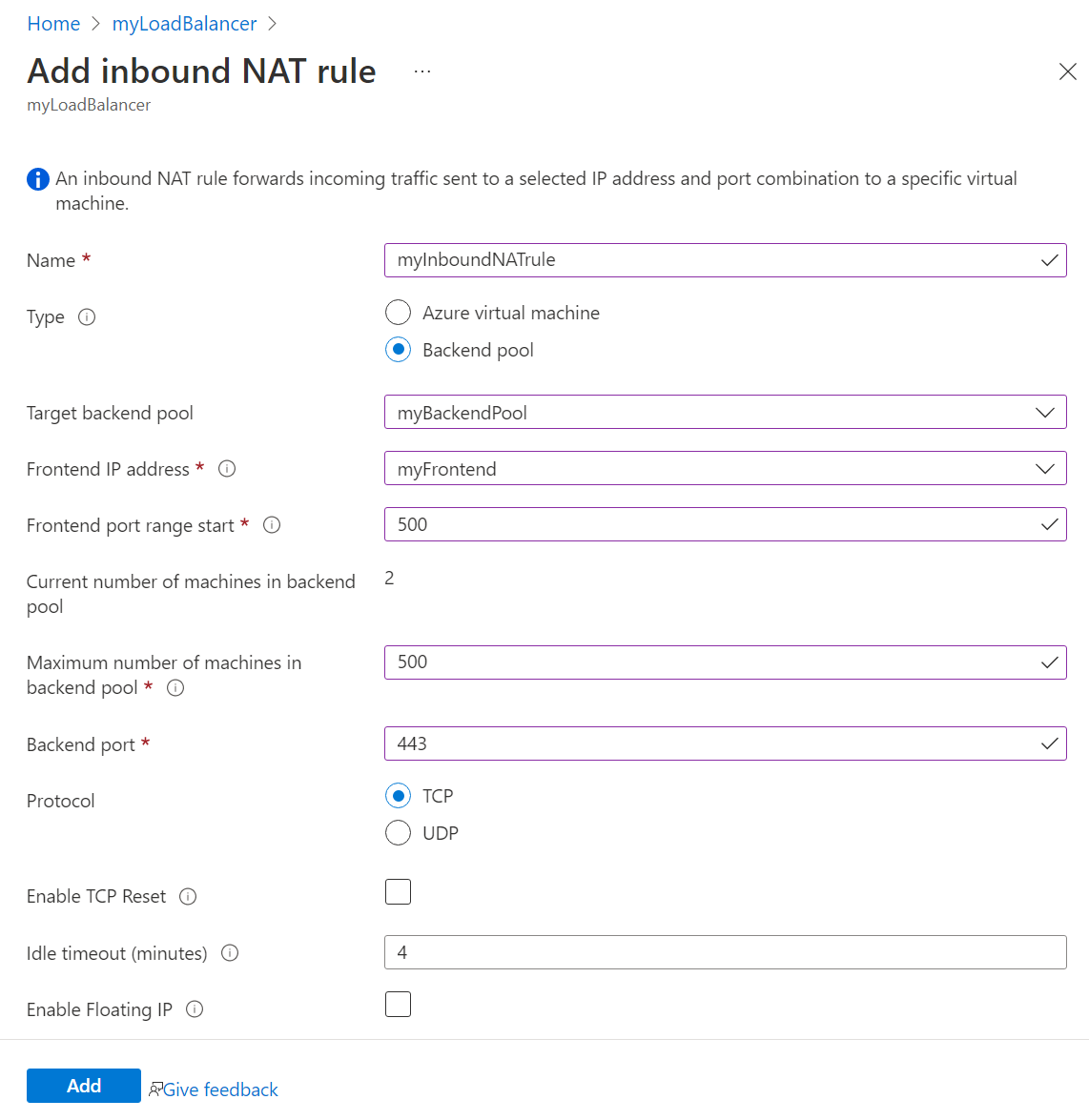 インバウンド NAT 規則のページを追加するスクリーンショット