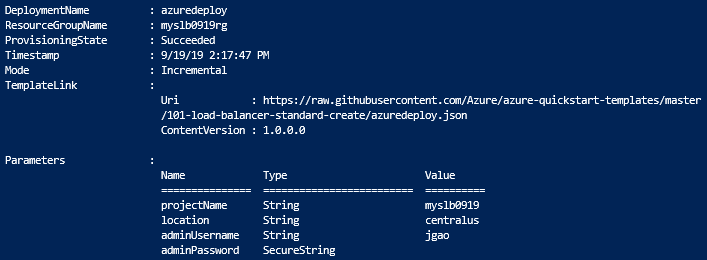 Azure Standard ロード バランサーの Resource Manager テンプレートによる PowerShell でのデプロイの出力