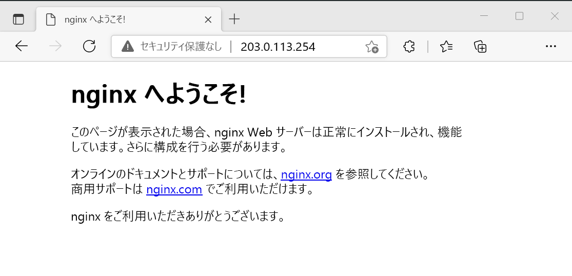 NGINX Web サーバーのテストのスクリーンショット。