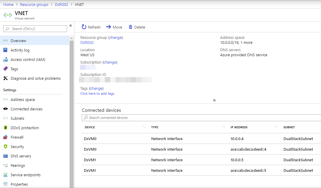 Azure の IPv6 デュアル スタック仮想ネットワーク