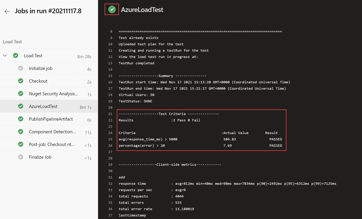 CI/CD ワークフロー ログでテスト条件が表示されたスクリーンショット。