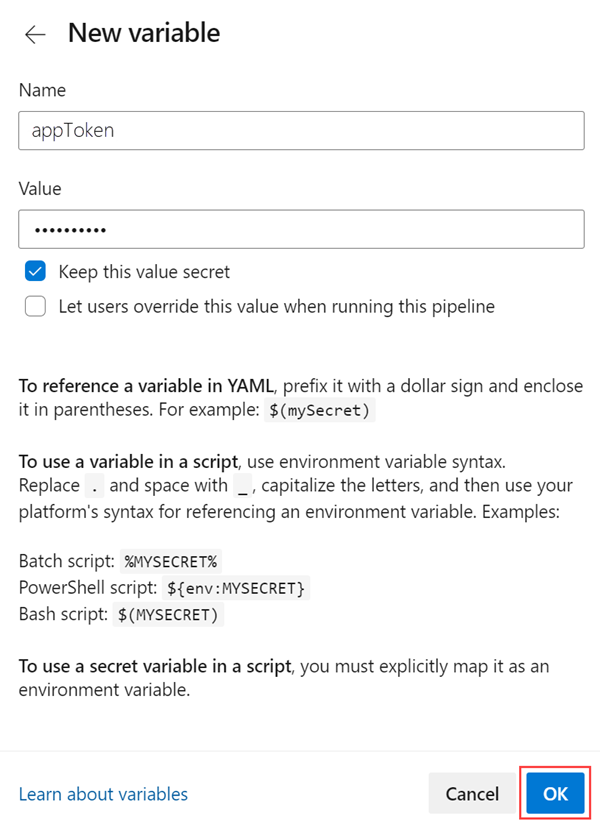 Azure Pipelines に変数を追加する方法を示すスクリーンショット。