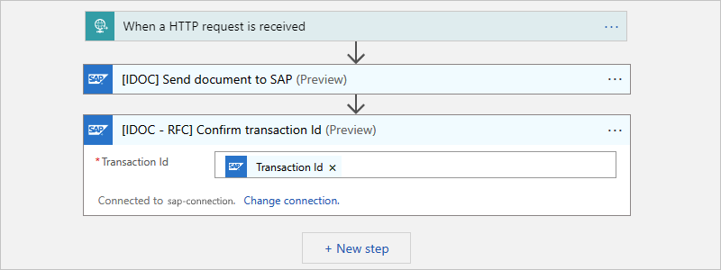 従量課金ワークフローと [Confirm transaction ID] (トランザクション ID の確認) という名前のアクションを示すスクリーンショット。前のアクションからの GUID 出力が含まれている。