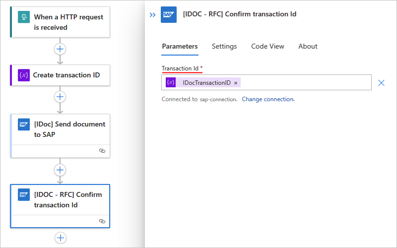 Standard ワークフローと、変数を使用する [Confirm transaction ID] (トランザクション ID の確認) という名前のアクションを示すスクリーンショット。