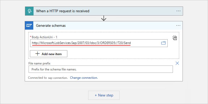 従量課金ワークフローと SAP アクションへのパスの手動での入力を示すスクリーンショット。