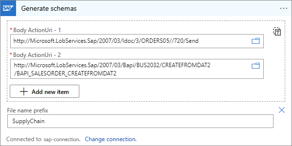 複数のスキーマの生成に使用する複数の SAP アクションを示すスクリーンショット。