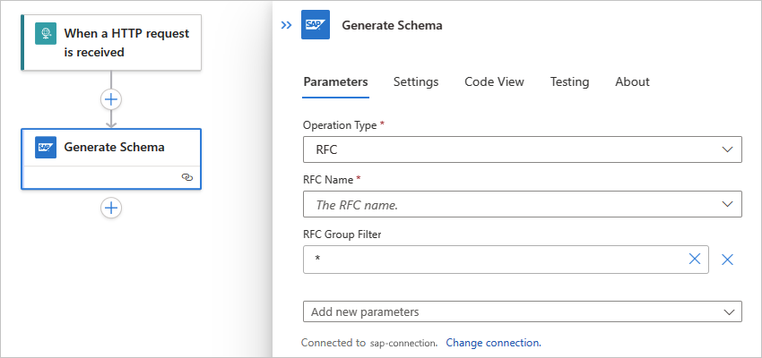 Standard ワークフローと「Generate schemas」という名前の SAP 組み込みアクションを示すスクリーンショット。