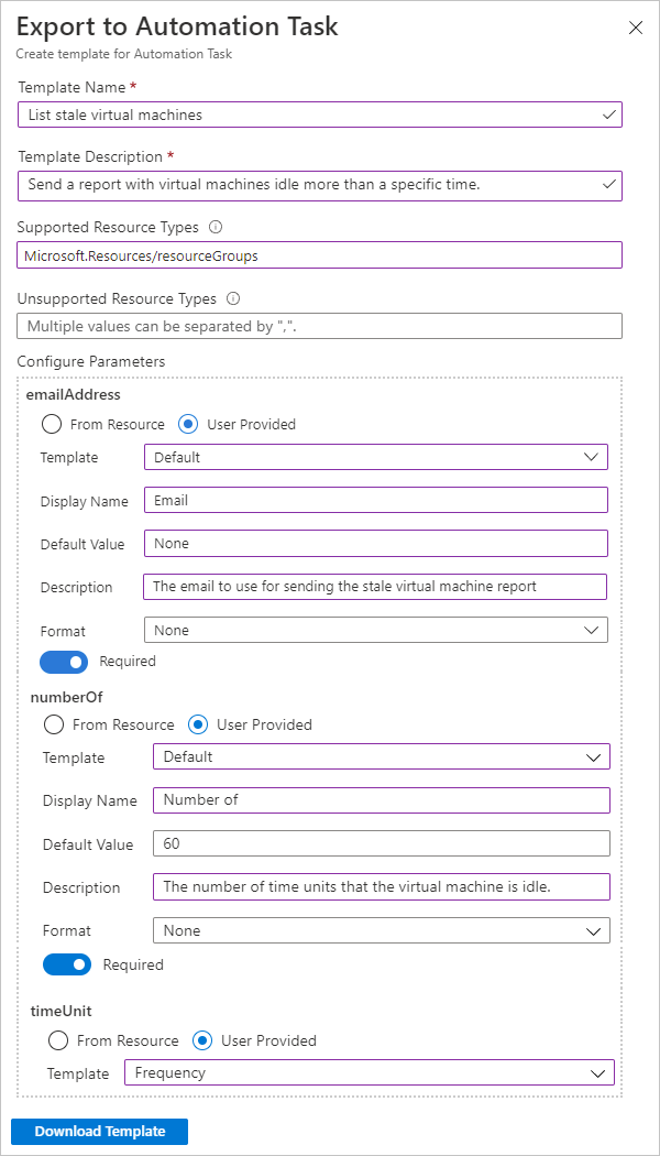 オートメーション タスク テンプレートのプロパティ例が含まれた [Export to Automation Task']\(オートメーション タスクにエクスポートする\) ペインを示すスクリーンショット。