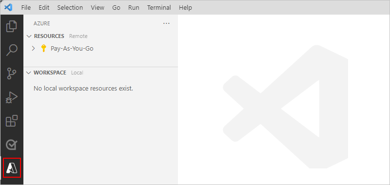 Visual Studio Code のアクティビティ バーと、選択された [Azure] アイコンを示すスクリーンショット。