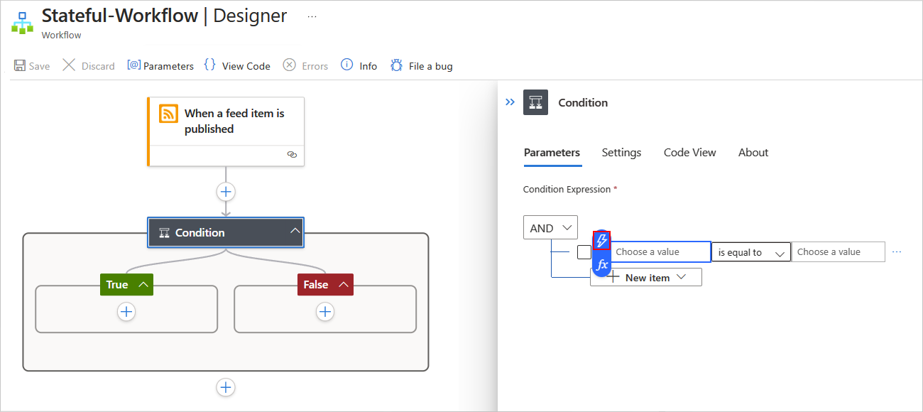 Azure portal、標準ワークフロー デザイナー、RSS トリガーと、条件アクションの情報ウィンドウを開いて動的なコンテンツの一覧ボタンを選択した状態を示すスクリーンショット。