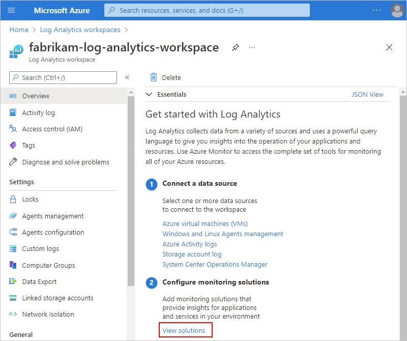 Azure portal、Log Analytics ワークスペース リスト、および選択された特定のワークスペースが示されているスクリーンショット。