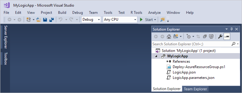 ソリューション エクスプローラーを示すスクリーンショット。新しいロジック アプリ ソリューションとデプロイ ファイルが表示されています。