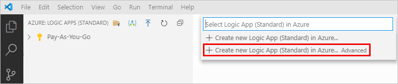 [Create new Logic App (Standard) in Azure Advanced]\(Azure Advanced で新しいロジック アプリ (Standard) を作成する\) が選択されているデプロイ オプションを示すスクリーンショット。