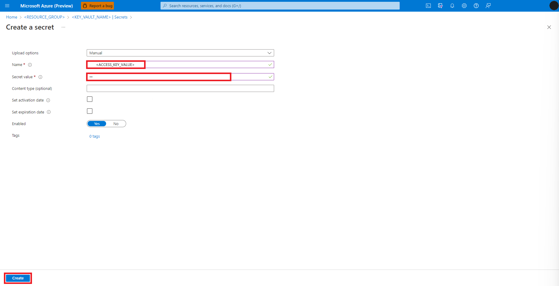 Azure のシークレットの作成画面を示すスクリーンショット。