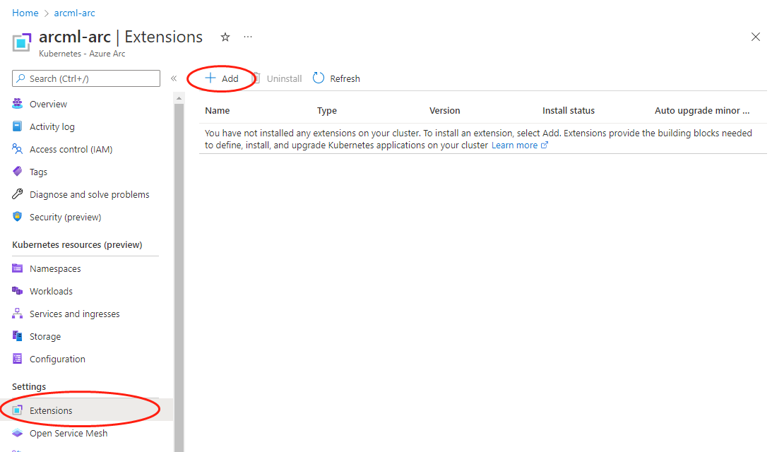 Azure portal での Arc 対応 Kubernetes クラスターへの新しい拡張機能の追加を示すスクリーンショット。