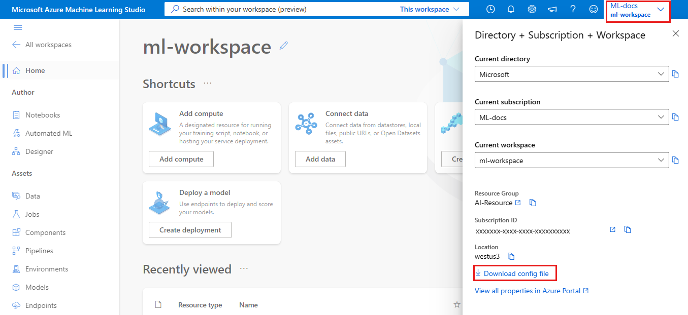 ダウンロード config.json が選択されているワークスペースの概要ページのスクリーンショット。