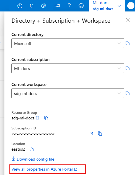 スクリーンショットは、Azure portal の [すべてのプロパティの表示] にアクセスする場所を示しています。