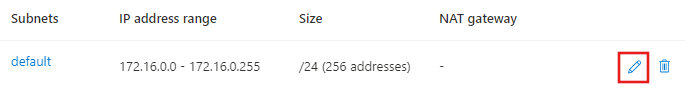 既定のサブネットの [編集] アイコンを選択しているスクリーンショット。