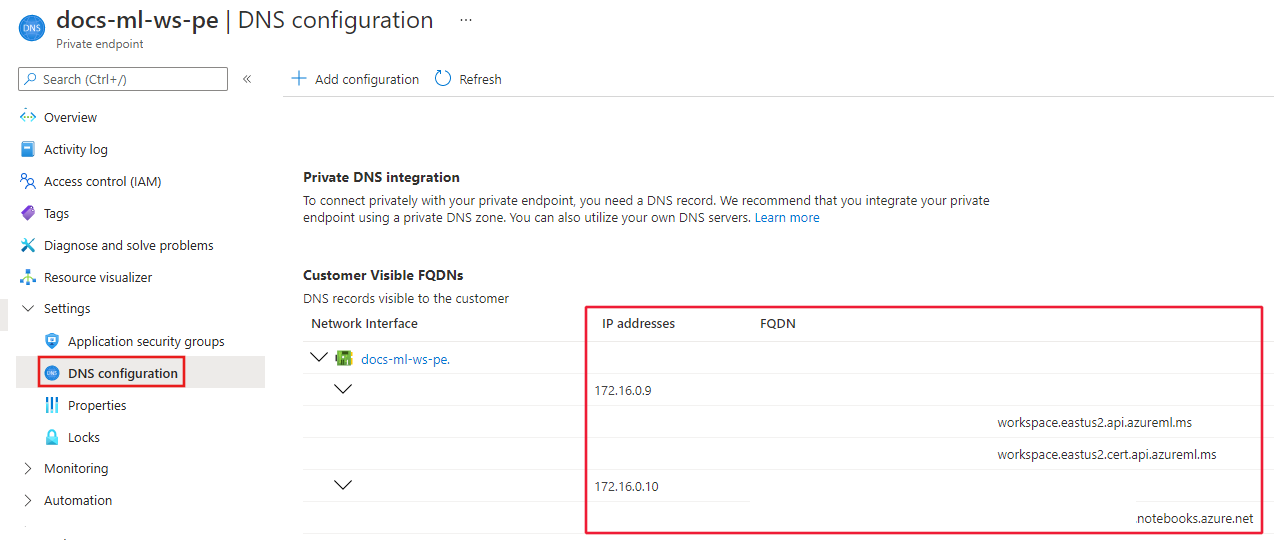 ワークスペースの IP および FQDN エントリのスクリーンショット。