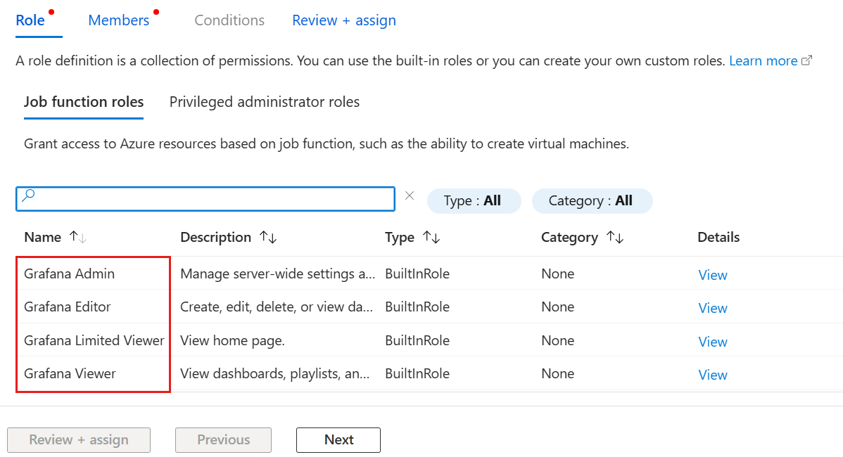 Azure プラットフォームでの Grafana ロールのスクリーンショット。