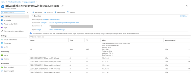 Recovery Services コンテナーの DNS レコード