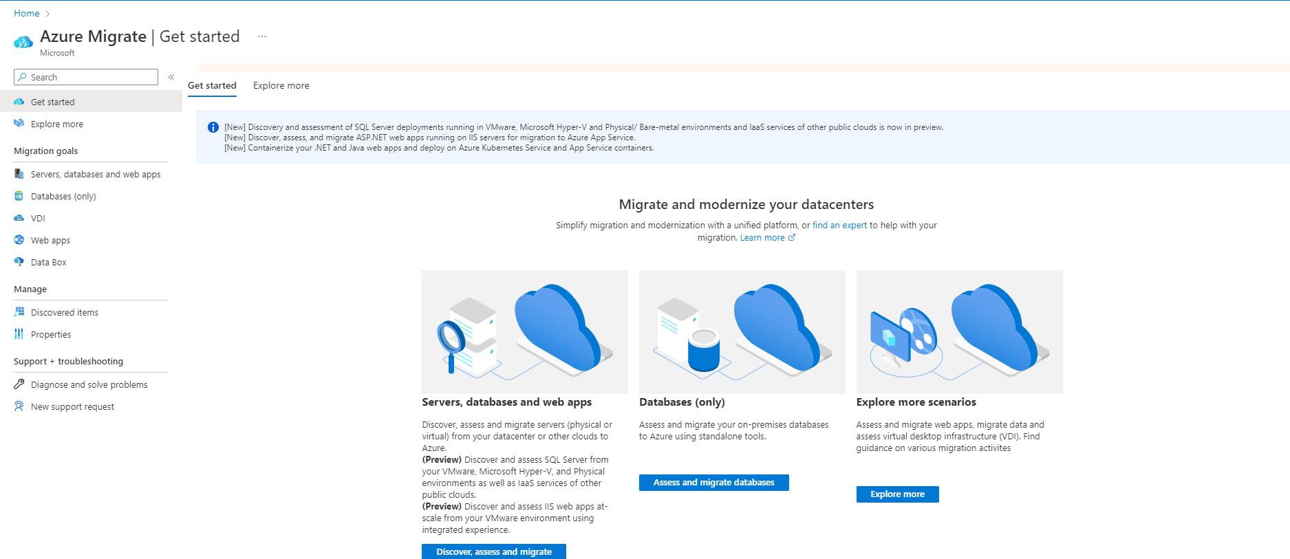 Azure Migrate の [作業の開始] 画面のスクリーンショット。