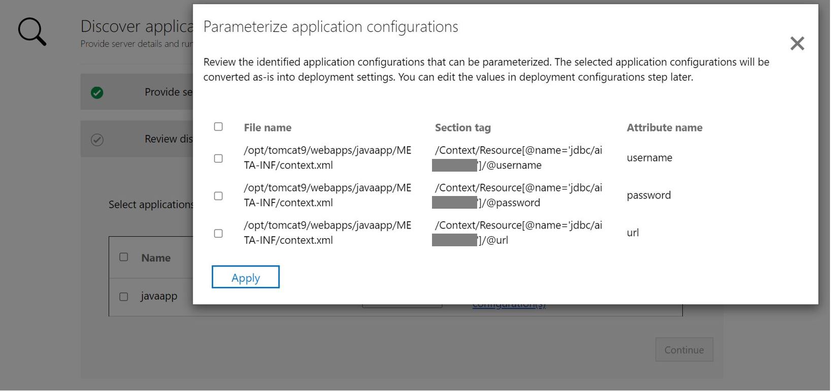 アプリ構成パラメーター化の Java アプリケーションのスクリーンショット。