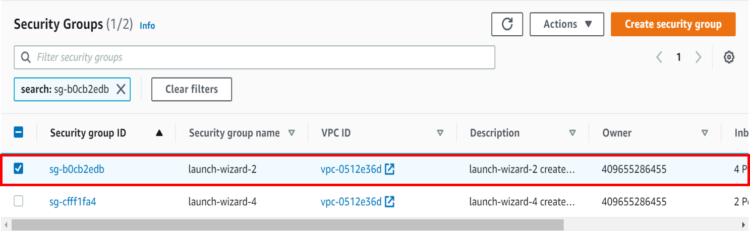 AWS セキュリティ グループを示すスクリーンショット。