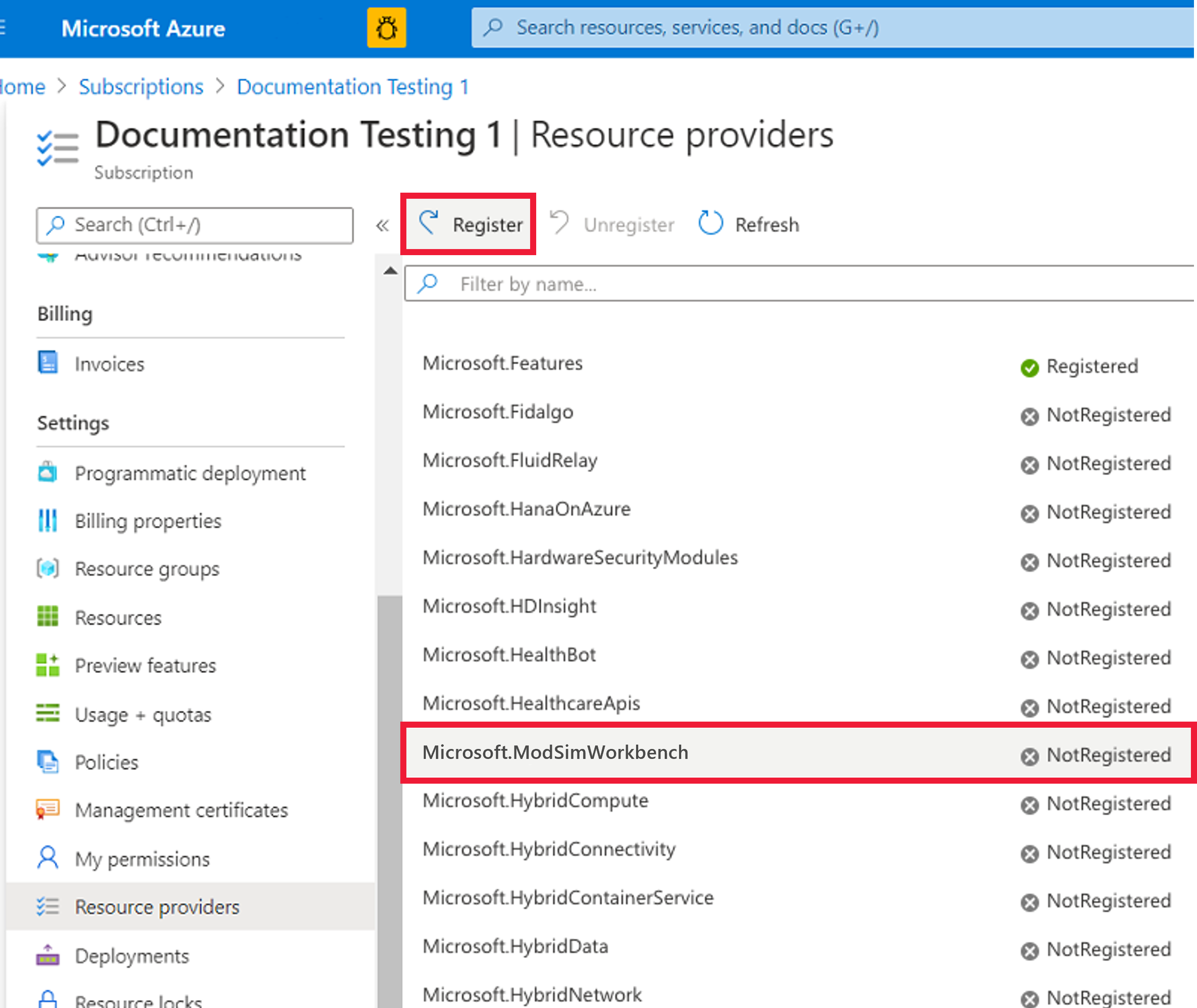 リソース プロバイダーの登録が示されている、Web ブラウザーでの Azure portal のスクリーンショット。