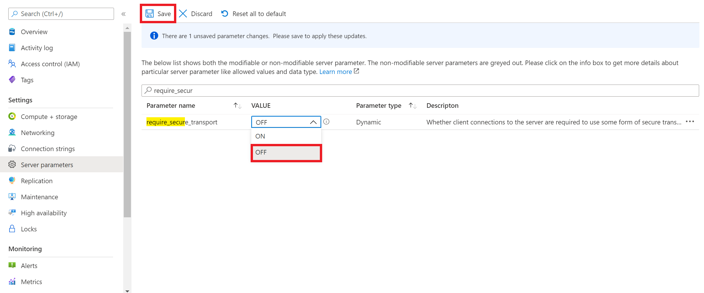 Azure Database for MySQL フレキシブル サーバーで SSL を無効にする方法を示すスクリーンショット。