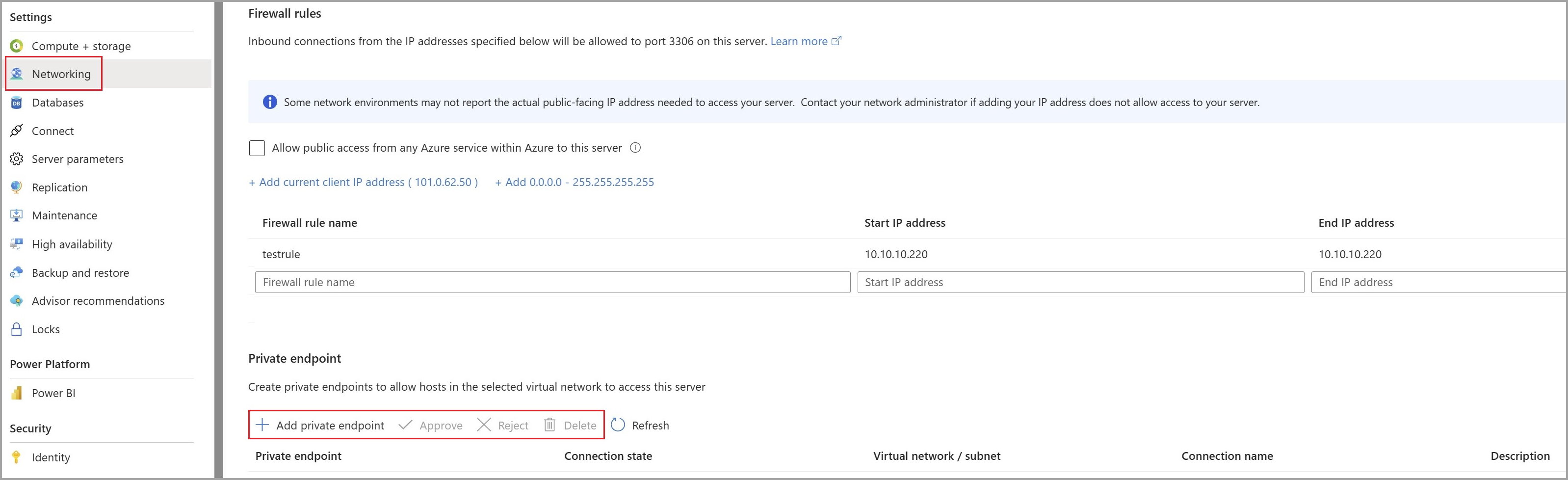 プライベート リンクのネットワーク設定のポータル ページのスクリーンショット。