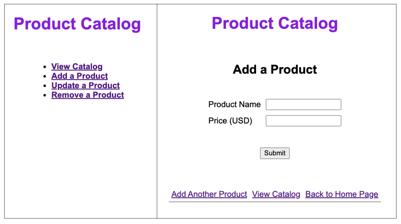 サンプルの製品カタログ PHP Web アプリを示すスクリーンショット。