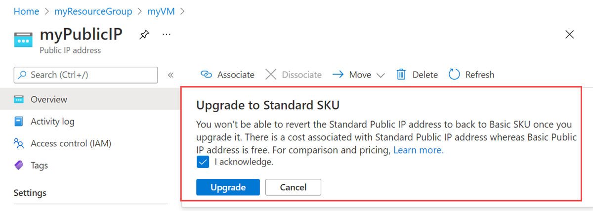パブリック IP アドレスをアップグレードすることを選択しているスクリーンショット。