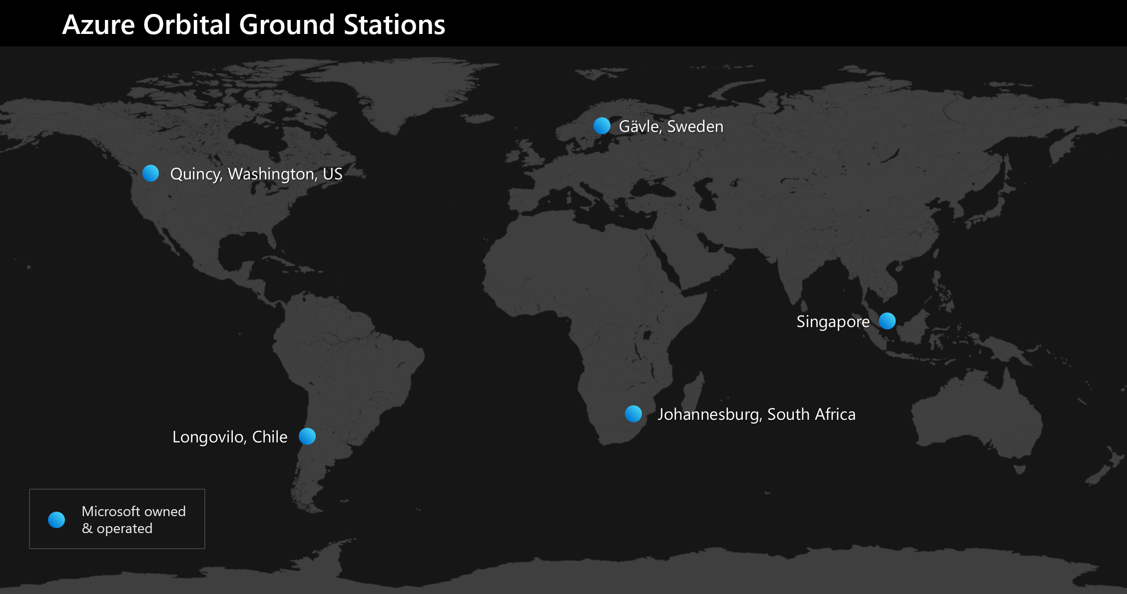 図は、5 つの Azure Orbital Ground Station サイトにラベル付けした世界地図を示しています。