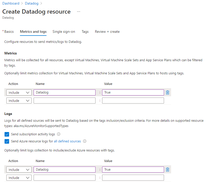 Azure for Datadog でメトリックとログを構成する方法のスクリーンショット。