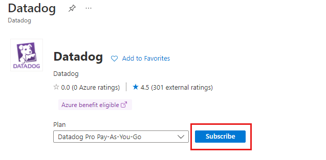 Azure Marketplace の Datadog アプリケーションのスクリーンショット。