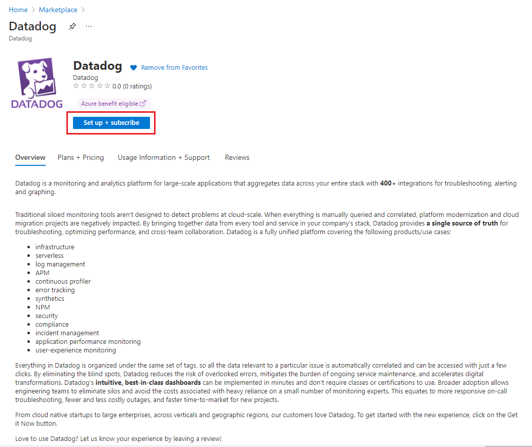 Azure Marketplace 内の Datadog アプリケーション。