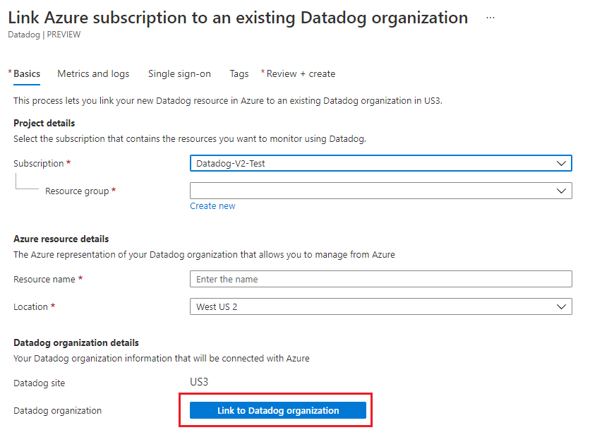 既存の Datadog 組織にリンクする。