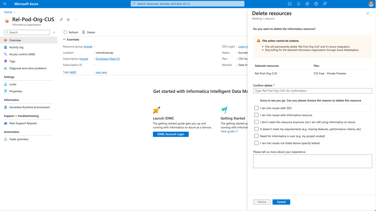 Informatica リソースの削除の最終確認を示すスクリーンショット。