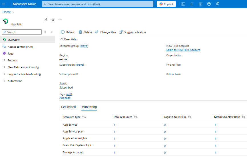 Azure portal の作業ウィンドウに表示されている New Relic リソースの [監視] の情報のスクリーンショット。