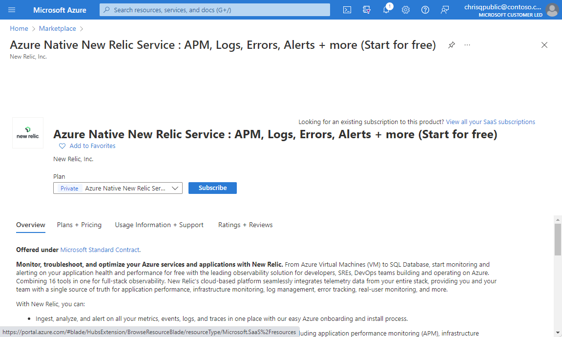 Azure Marketplace の Azure Native New Relic Service とクラウド監視を示すスクリーンショット。