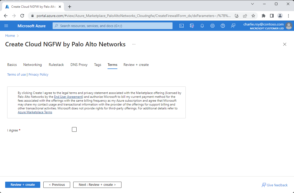 Palo Alto Networks 作成画面のご使用条件ペインを示すスクリーンショット。