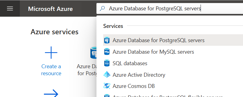 Azure Database for PostgreSQL フレキシブル サーバーを検索して選択する方法を示すスクリーンショット。