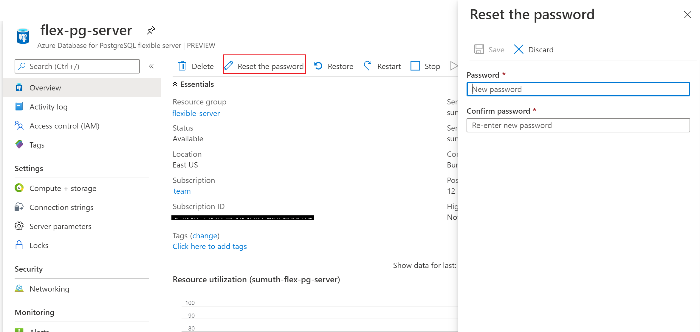 Azure Database for PostgreSQL フレキシブル サーバーのパスワードをリセットします。